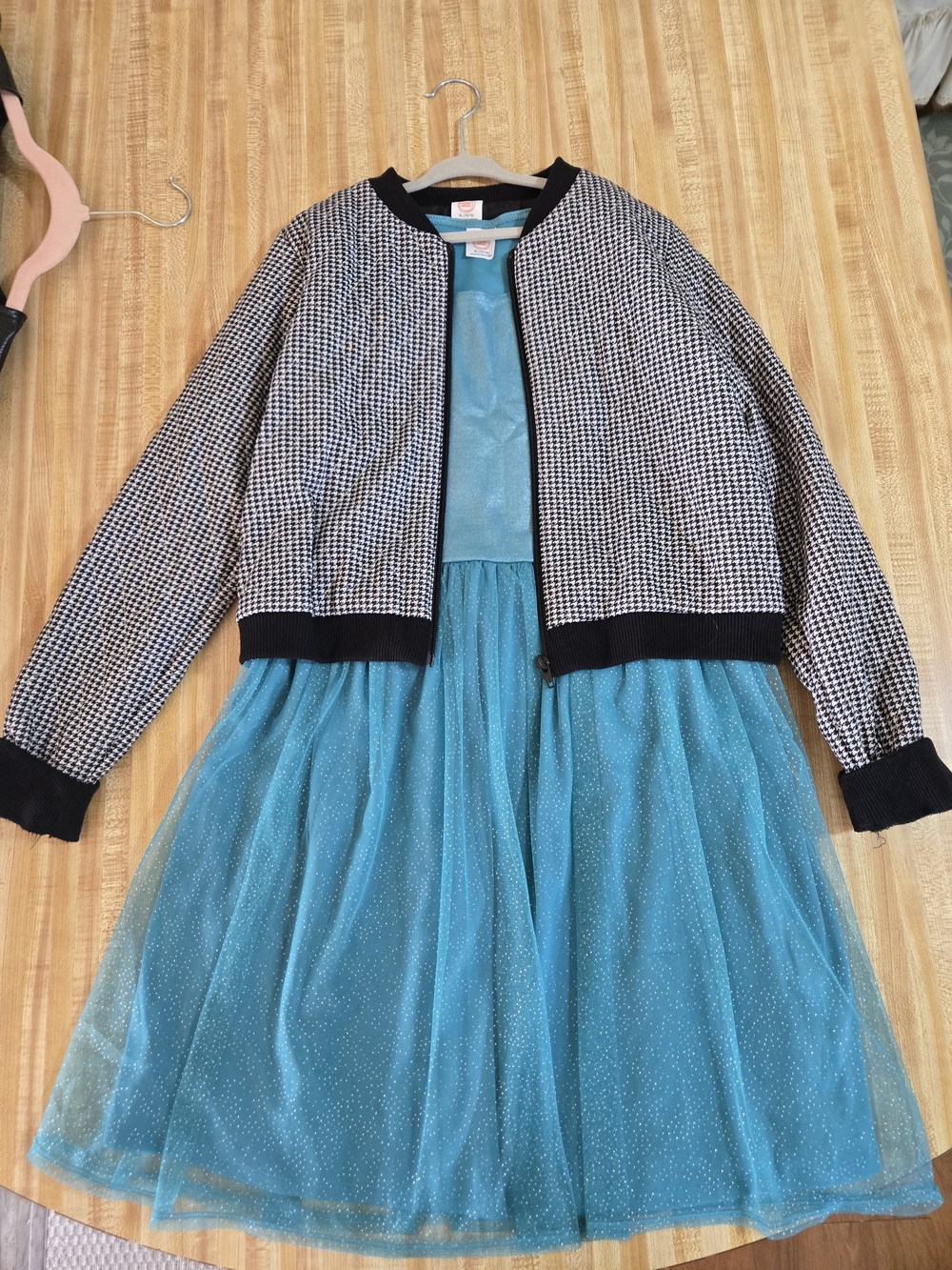 wonder nation Teal Sparkle Dress with Black & White Houndstooth Jacket